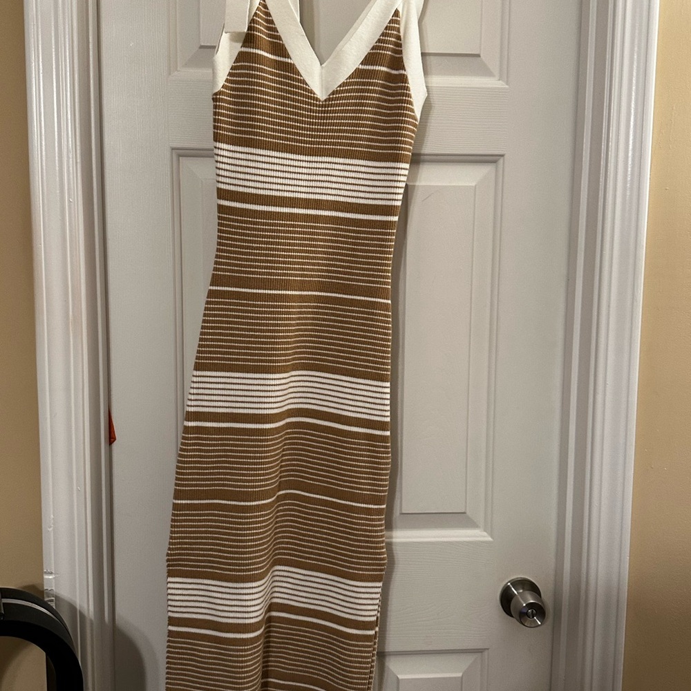 Striped Brown and White Midi Dress
